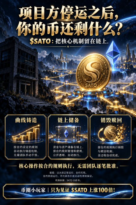 A Chinese cryptocurrency promotional poster for $SATO with text '项目方停运之后，你的币还剩什么？' at the top, featuring a gold SATO coin, Ethereum symbol, and three sections explaining coin features.