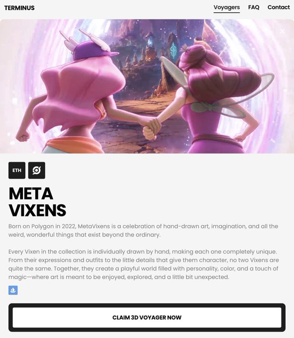 A webpage for 'TERMINUS' displays an NFT collection called 'META VIXENS', featuring two hand-drawn fantasy characters with pink hair, alongside a 'CLAIM 3D VOYAGER NOW' button.