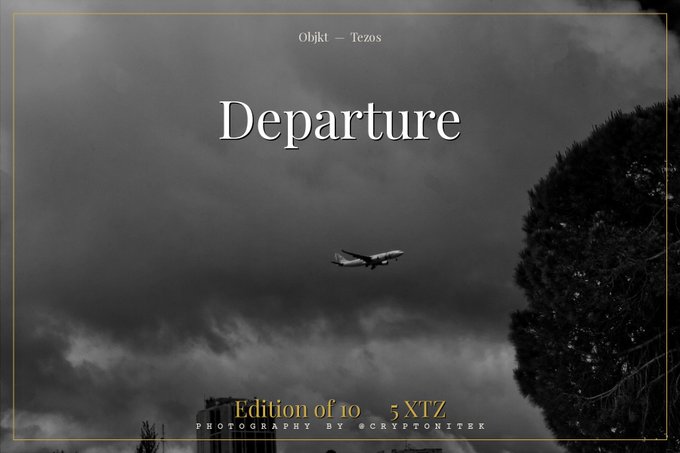 An NFT listing titled 'Departure' on Objkt (Tezos platform) by photographer @cryptonitek, edition of 10 priced at 5 XTZ, showing a black and white image of an airplane in a cloudy sky.