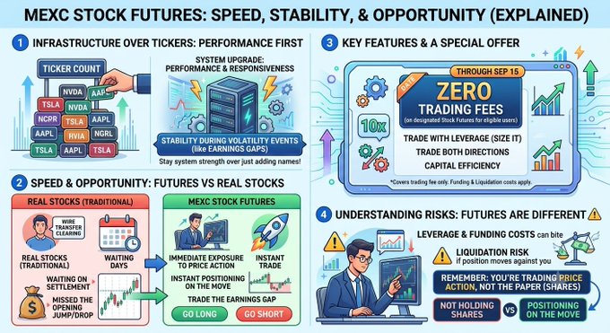 An infographic titled 'MEXC STOCK FUTURES: SPEED, STABILITY, & OPPORTUNITY (EXPLAINED)' showing four sections including ticker lists (NVDA, AAPL, TSLA, etc.), zero trading fees through Sep 15, and risks like liquidation.