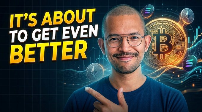 A YouTube thumbnail showing a smiling man with glasses pointing at himself, surrounded by Bitcoin and cryptocurrency graphics, with bold text reading "IT'S ABOUT TO GET EVEN BETTER."