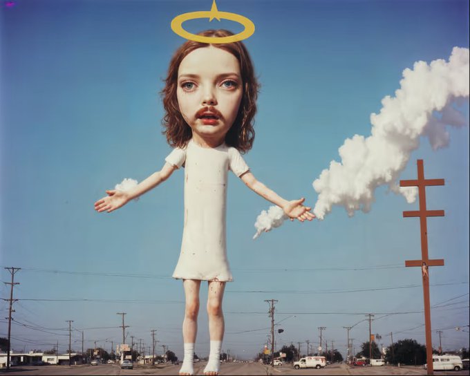 A surrealist illustration of a giant young girl with a halo and an oversized head, wearing a small white dress, standing above a suburban landscape with power lines and a large cross.