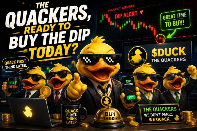 A promotional graphic featuring yellow ducks wearing sunglasses with text 'THE QUACKERS, READY TO BUY THE DIP TODAY?' and '$DUCK THE QUACKERS', along with stock chart visuals.