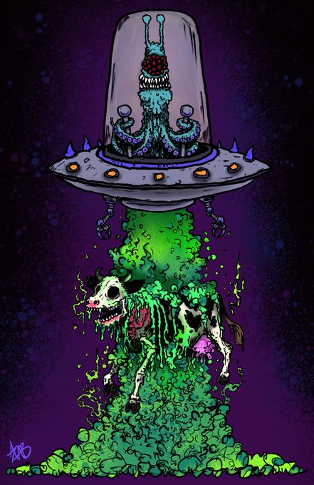 A colorful illustration of a UFO abducting a cow with green slime, featuring an alien creature under a glass dome on top.