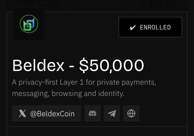 A graphic showing 'Beldex - $50,000' with an 'ENROLLED' checkmark, described as 'A privacy-first Layer 1 for private payments, messaging, browsing and identity,' with the handle @BeldexCoin.