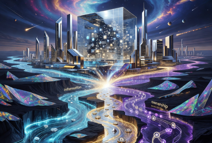 The image features a futuristic cityscape with buildings of various sizes, including a large cube-shaped building at its center that appears to be made entirely out of glass. The city is surrounded by water, creating an island-like appearance. The sky above the city is filled with stars and planets, giving it a celestial feel.

The post reads: "the internet made information borderless. crypto made money borderless. RWAs are trying to make ownership borderless." This statement seems to be related to the image's theme of interconnectedness and the flow of information in the digital age. The cityscape represents the vast amount of data available on the internet, while the island-like appearance symbolizes the idea that this information can be accessed from anywhere with an internet connection.

The post also mentions "@ShiftRWA sits where those three trends intersect." This phrase suggests that the interconnectedness and flow of information in the digital age have led to a new era of ownership, where individuals or entities can own and control vast amounts of data and intellectual property. The image serves as a visual representation of this shift in power dynamics and the impact it has on our society.