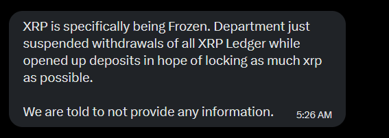 A text message screenshot warns that "XRP is specifically being Frozen" and that withdrawals of all XRP Ledger have been suspended while deposits remain open, with an instruction to not provide any information. The post "I TOLD YOU IT WAS ALWAYS ABOUT #XRP!!" frames this as alleged evidence of a deliberate scheme to trap XRP holders by freezing their assets.