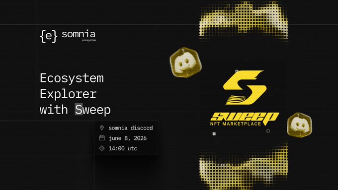 The image features a poster for an ecosystem explorer called Sweep that uses yellow and black colors with a gold logo featuring a skull and crossbones symbol. The poster also includes text about the platform, such as "The Ecosystem Explorer never sleeps! Today we're going to do a deep dive into Sweep". The post is related to the ecosystem explorer because it's promoting Sweep as an NFT marketplace for NFTs (Non-Fungible Tokens).