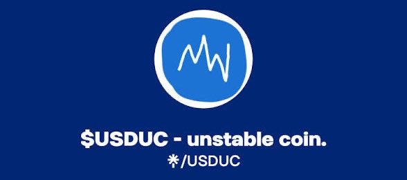 The image displays a blue logo with a stylized "MW" or waveform design above the text "$USDUC - unstable coin. \*/USDUC." The image reinforces the post's message by visually branding $USDUC as the "unstable coin," aligning with the theme of embracing volatility and movement in crypto rather than eliminating it.
