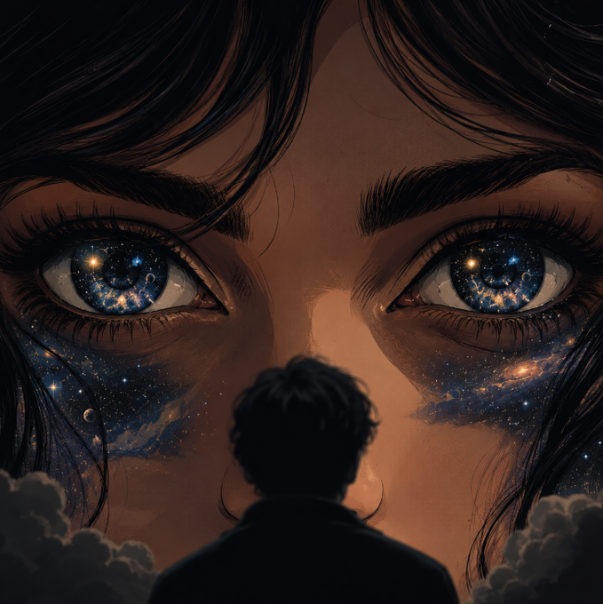 A digital illustration of a silhouetted figure looking up at a giant face whose eyes and skin transition into a cosmic galaxy filled with stars and nebulae.