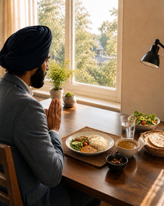 A man wearing a black turban and grey suit sits with hands clasped in prayer at a wooden dining table set with rice, curry, salad, and flatbread by a window.