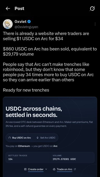 A Twitter/X post by @OxvietnGuyen warns that traders are selling $1 USDC on Arc for $34, with $860 USDC sold ($29,179 volume), highlighting massive premiums for early access while the interface shows 154 settled trades totaling 29,179.57 USDC, underscoring the cautionary note about potential scam OTC sales before official bridges launch.