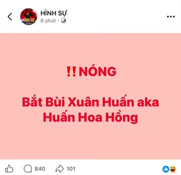 A Facebook post with a pink background and red text reading '!! NÓNG Bắt Bùi Xuân Huấn aka Huấn Hoa Hồng' (HOT: Arrest of Bùi Xuân Huấn aka Huấn Rose).
