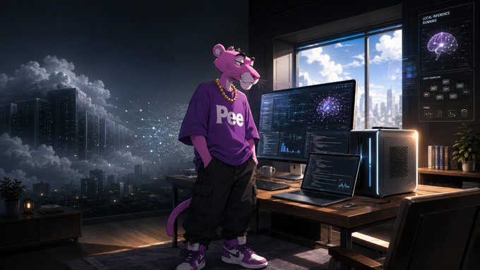 A digital illustration of an anthropomorphic pink panther wearing a purple 'Pce' t-shirt, gold chain, glasses, and cargo pants, standing in a dark room with multiple monitors displaying data and a brain graphic.