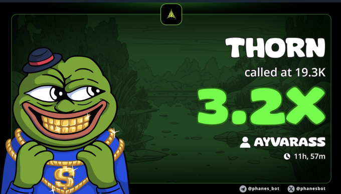 A green Pepe-style character wearing a hat and gold chain flashes a wide grin alongside a trading chart displaying "THORN called at 19.3K" with a "3.2X" return attributed to user "AYVARASS" 11 hours and 57 minutes ago, seemingly celebrating a successful crypto call shared in response to @omegapexi.