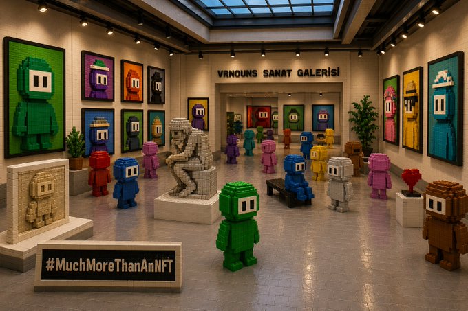 A vibrant art gallery filled with pixelated, blocky figures resembling characters from a popular video game, displayed alongside framed portraits and sculptures under the sign "VRNOUINS SANAT GALERİSİ," with a hashtag reading "#MuchMoreThanAnNFT" on a sign in the foreground, visually representing the vrminer characters that automatically sign and claim ownership behind each NFT artwork.