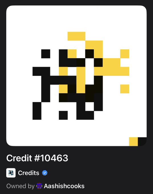 Digital NFT credit labeled 'Credit #10463' featuring a pixelated yellow and black design, owned by 'Aashishcooks'.