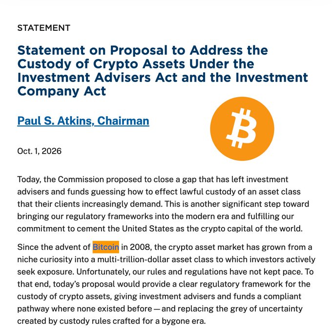 A SEC statement dated Oct. 1, 2026, by Chairman Paul S. Atkins regarding a proposal to address crypto asset custody under the Investment Advisers Act and Investment Company Act, featuring the Bitcoin symbol.
