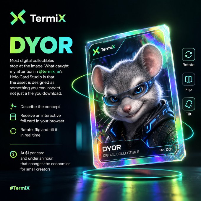 A promotional graphic for TermiX featuring a holographic digital collectible card of a kitten with blue cyber goggles and futuristic attire, labeled 'DYOR' and 'No. 001', with text highlighting interactive features like rotate, flip and tilt at $1 per card.