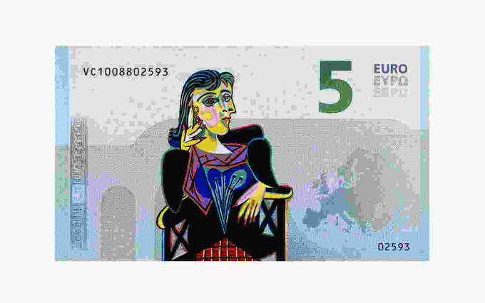 A custom-designed 5 Euro banknote featuring a Picasso-style portrait of a woman with colorful, cubist-inspired coloring, serial number VC1008802593 and denomination 02593, likely created as part of an Ordinals inscription drop offering free whitelist spots for rare digital collectibles.