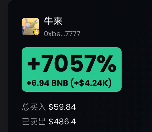 The image shows a BSC wallet (0xbe...7777) labeled "牛来" with a remarkable +7057% gain, displaying +6.94 BNB (+$4.24K) in profits, with total buys of $59.84 and sales of $486.4. This illustrates the poster's recovery story—turning a $50 BNB purchase into recovered losses of over $4K, reflecting the absurd gains that helped bounce back their nearly wiped-out BSC wallet.