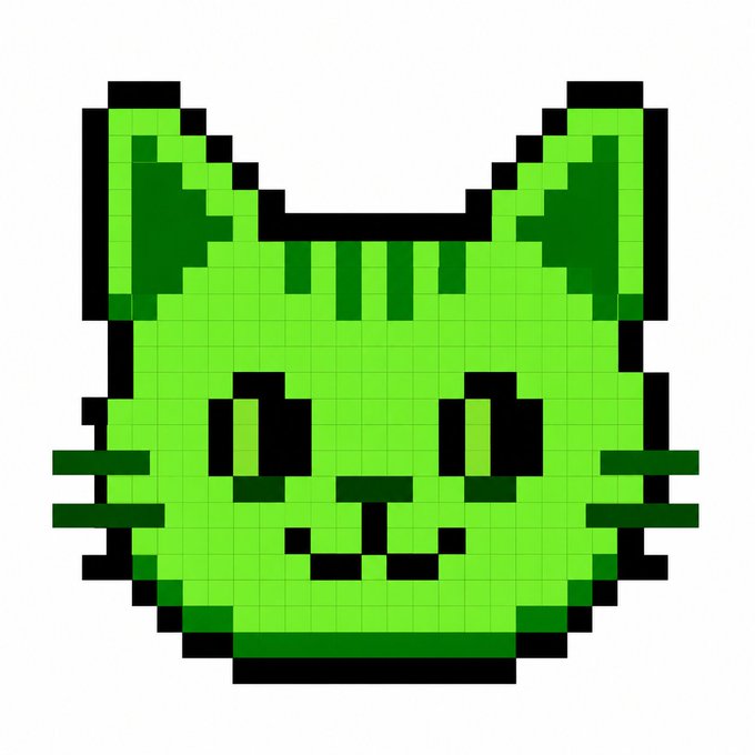 A pixel art illustration of a green cat face with darker green stripes and black outlines on a white background.