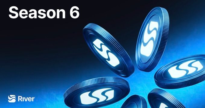 A promotional graphic for "Season 6" featuring the River logo on floating blue coin-like tokens, with the River brand name displayed in the bottom left corner. The image visually represents River's Web3 infrastructure campaign, tying into the post's announcement of Season 6 and the company's dual-layer technical developments like Omni CDP.