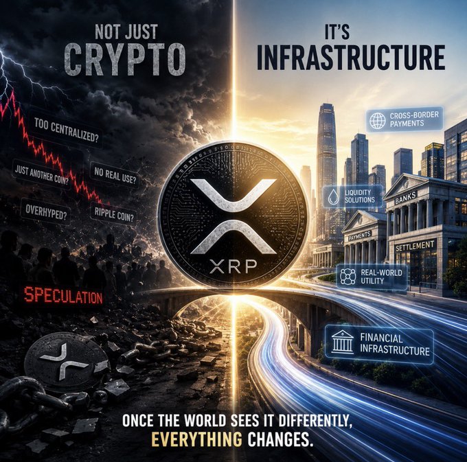A promotional image for XRP cryptocurrency with the text "NOT JUST CRYPTO - IT'S INFRASTRUCTURE" and "ONCE THE WORLD SEES IT DIFFERENTLY, EVERYTHING CHANGES," contrasting themes of "SPECULATION" against "REAL-WORLD UTILITY" like cross-border payments and financial infrastructure.