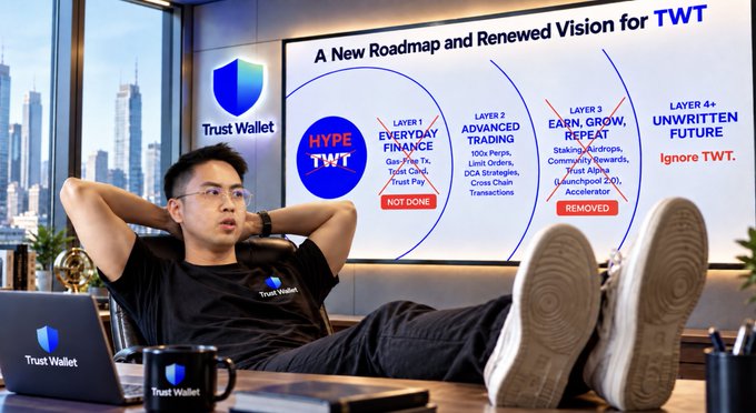 Promotional image for "Trust Wallet" titled "A New Roadmap and Renewed Vision for TWT" showing a young man relaxing with his feet up on a desk, with a presentation displaying TWT layers including HYPE, EVERYDAY FINANCE, ADVANCED TRADING, EARN/GROW/REPEAT, and LAYER 4+ UNWRITTEN FUTURE.