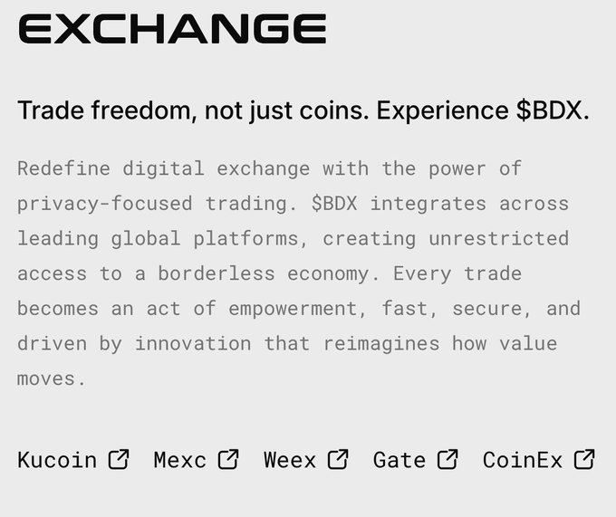 An advertisement for the cryptocurrency $BDX, reading 'EXCHANGE - Trade freedom, not just coins. Experience $BDX,' highlighting privacy-focused trading on platforms like Kucoin, Mexc, Weex, Gate, and CoinEx.