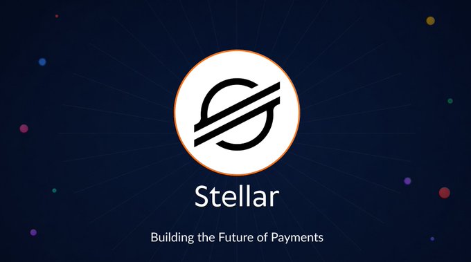 The image features a logo for a company named #Stellar, which appears to be related to Bitcoin or cryptocurrency. The logo consists of a circle with a white center and an orange border, accompanied by the words "Building the Future of payments" written below it in black text. In the background, there are small circles representing stars scattered across a dark blue sky.