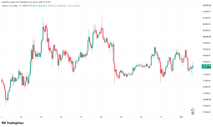 A TradingView candlestick chart for Bitcoin/USD (BTCUSD) on Coinbase from Sept 1, 2024, showing price action between roughly $75,200 and $82,000 with a current price around $78,382.01.