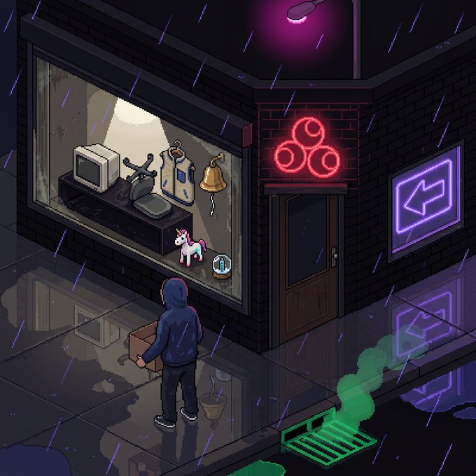 A pixel-art scene of a person in a hoodie carrying a box on a rainy night, standing outside a corner shop with a neon three-circle sign, with a purple arrow sign on the adjacent wall.