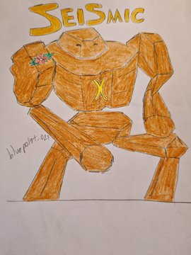 The image features a cartoon drawing of a robot with yellow arms, legs, and a head. The robot appears to be made out of wood or cardboard, giving it a unique appearance. The text "Seismic" is written above the robot's head, indicating that this is a drawing related to the Seismic system.