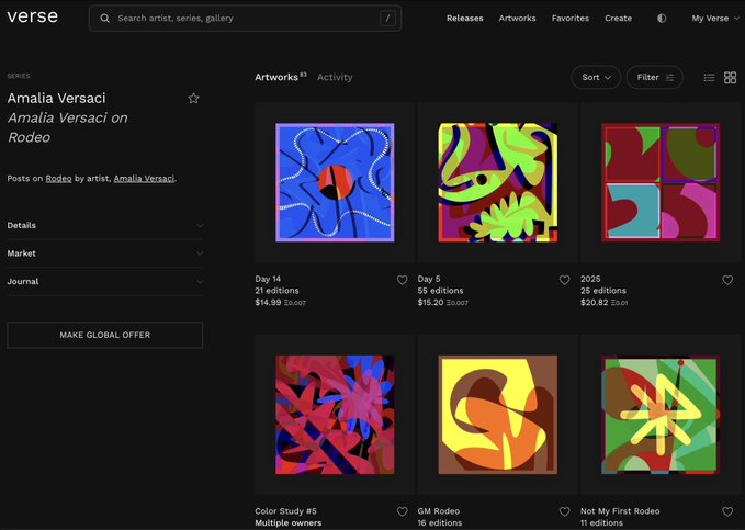 A screenshot of the Verse NFT platform showing artworks by Amalia Versaci on the "Rodeo" series, featuring colorful abstract pieces including "Day 14", "Day 5", "Day 6", "Color Study #5", "GM Rodeo", and "Not My First Rodeo".