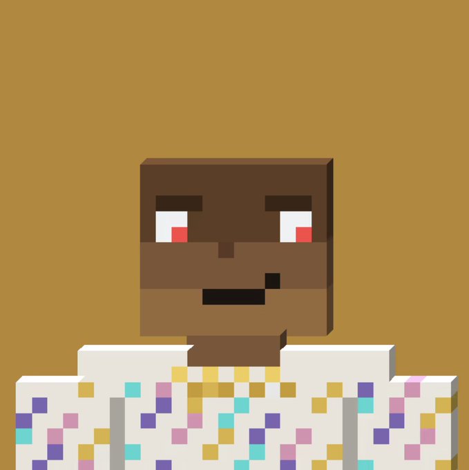 A pixel art style illustration of a character with brown skin, red eyes, and a white shirt with colorful pixel patterns on a brown background.