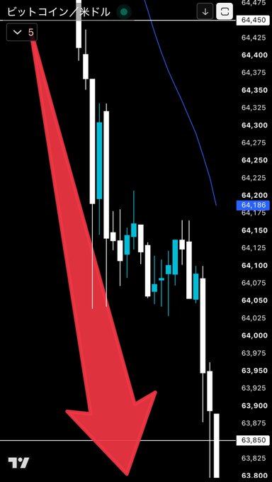 Bitcoin/USD (ビットコイン/米ドル) candlestick chart showing a sharp downward move with a large red arrow pointing to a low near 63,850.