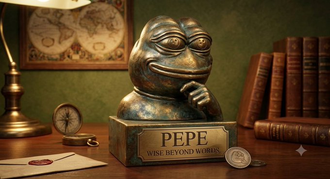 A bronze Pepe the Frog bust sits on a pedestal labeled 'PEPE WISE BEYOND WORDS' next to an envelope with a red seal, leather books, and a compass.