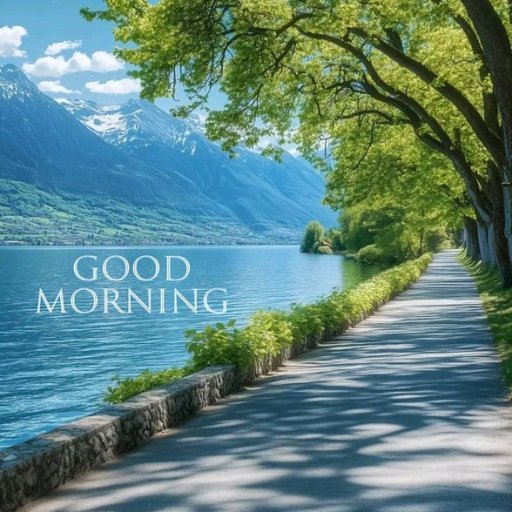 The image features a scenic view of a road next to a lake, with trees lining both sides of the path. The water appears calm and serene, reflecting the surrounding greenery. A sign along the road reads "Good morning Fam", indicating that this is a special greeting for the day. The post also mentions that there are mountains in the background, adding to the picturesque scenery.