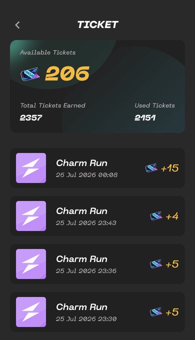 A mobile app screen titled "TICKET" displays 206 available tickets in the STEPN app, with a total of 2357 tickets earned and 2151 used. Below, a list of recent "Charm Run" activities from late July 2026 shows small ticket earnings ranging from +4 to +15 per run.
