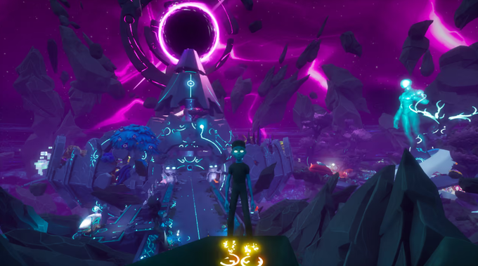 Fantasy scene featuring a dark-haired character standing on a cliff overlooking a glowing purple and blue landscape with a massive floating ring structure and floating rocks.