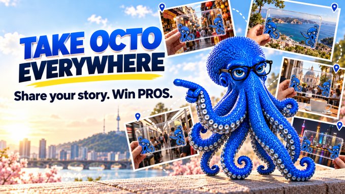 A promotional graphic with the bold text 'TAKE OCTO EVERYWHERE' and 'Share your story. Win PROS.', featuring a blue octopus wearing glasses and various photos of an octopus character in different locations around the world.