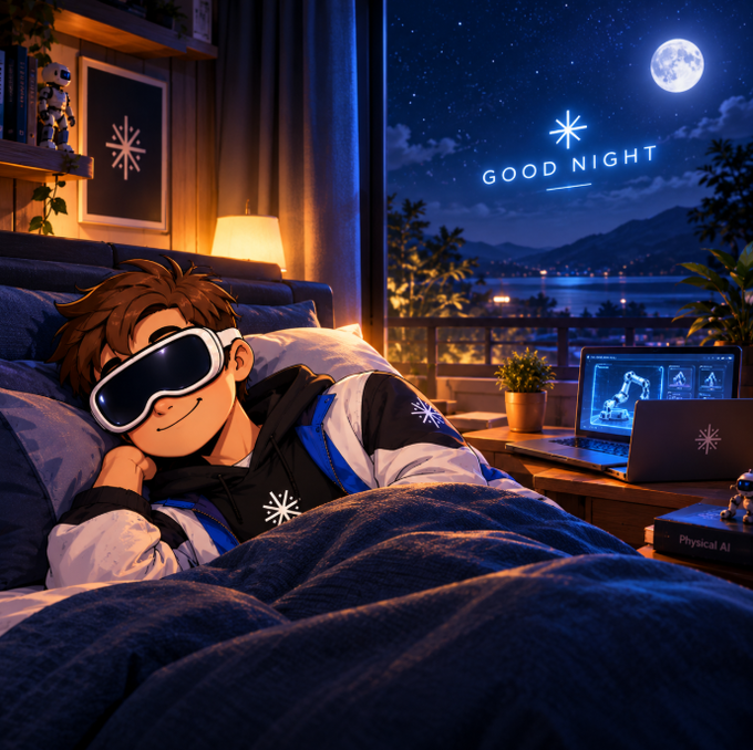 An anime-style illustration of a boy with brown hair wearing VR goggles, sleeping peacefully in bed with 'GOOD NIGHT' text visible through a window showing a moonlit night scene.