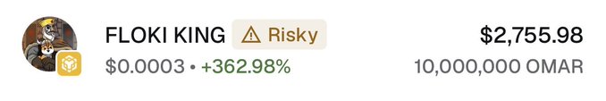 The image displays a crypto portfolio entry for "FLOKI KING" showing a balance of 10,000,000 OMAR tokens valued at $2,755.98, with a per-token price of $0.0003 (+362.98%), flagged as "Risky." This visually corroborates the post's claim of receiving approximately $2.5K worth of OMAR tokens, though the image shows a slightly higher value.