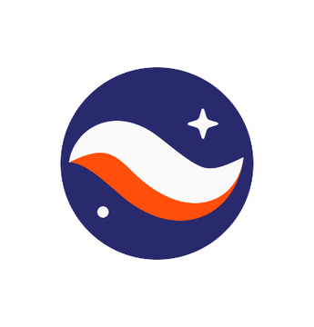 A minimalist logo featuring a white and orange stylized comet or swoosh shape with a star, set inside a dark blue circle.