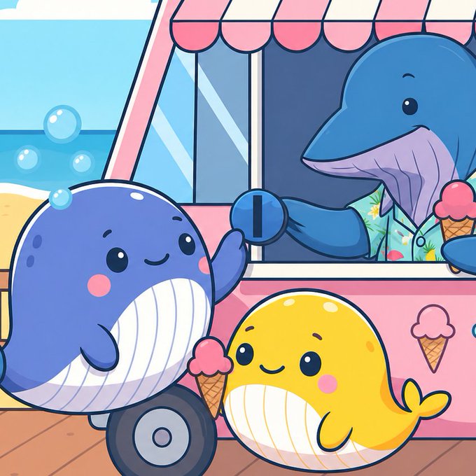 Cute cartoon illustration of a blue whale and a yellow round creature enjoying ice cream at a pink ice cream truck run by a larger blue whale vendor, with a beach scene in the background.