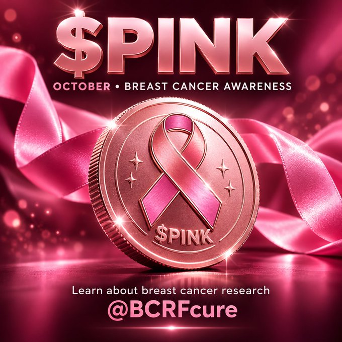 A pink promotional graphic for '$PINK' cryptocurrency tied to Breast Cancer Awareness Month (October), featuring a rose-gold coin with a pink ribbon emblem and the text 'Learn about breast cancer research @BCRFcure'.