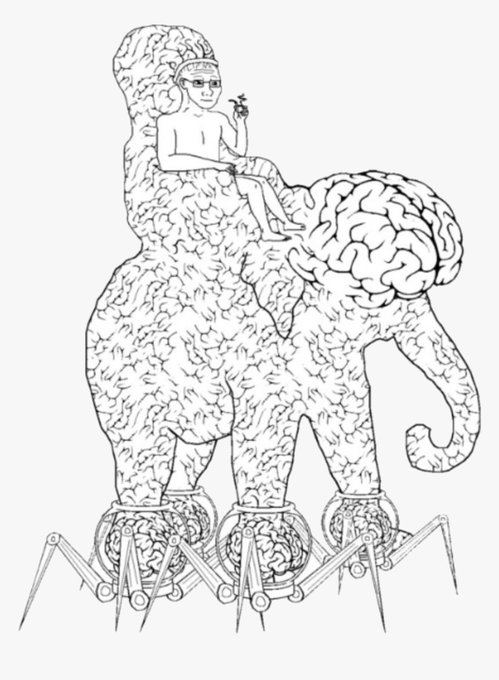 A surreal black-and-white illustration depicts a humanoid figure with a brain for a body riding atop a massive, brain-textured elephant that stands on mechanical spider-like legs, with smaller brains visible in the leg joints. The image playfully reinforces the post's satirical tone about "bull market geniuses," using oversized brains and an absurd elevated figure to mock the overconfident, "know-it-all" mentality often associated with bullish crypto/stock traders who think they're intellectually superior during market upswings.