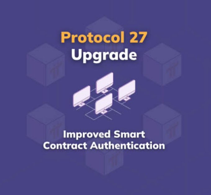 The image is a promotional graphic for the "Protocol 27 Upgrade," featuring a dark blue background with subtle cube graphics and an illustration of interconnected computer monitors. It highlights the upgrade's focus on "Improved Smart Contract Authentication," aligning with the post's announcement of Pi Testnet's transition from Protocol 26 to Protocol 27, which introduces more flexible and secure smart contract capabilities ahead of the targeted Mainnet launch on September 15, 2026.