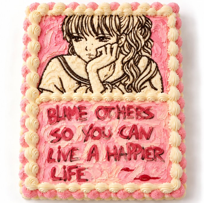 A decorated pink and white frosted cake features a piped illustration of an anime-style girl resting her head on her hand, with the red text 'BLAME OTHERS SO YOU CAN LIVE A HAPPIER LIFE' written below.